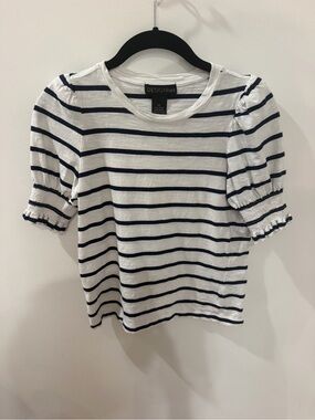 Design365 White & Navy Striped Puff-Sleeve Tee size XS